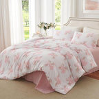 Nayoroom Pink Bow Duvet Cover Queen Size Coquette Pink Floral Duvet Cover 3 Pieces Soft Lightweight Microfiber Girls Cute Aesthetic Dorm Bedding Set