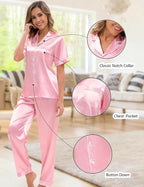 Silk Satin Pajama Set for Women 3-piece Short Sleeve Pajama with Pants Ruffle Shorts Cute Pj Set Button Down Sleepwear