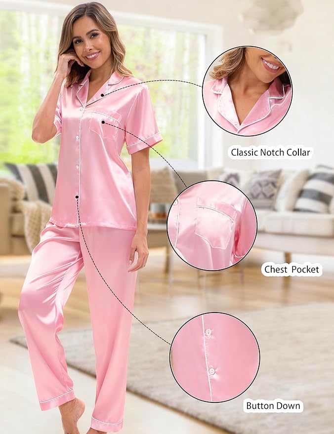 Silk Satin Pajama Set for Women 3-piece Short Sleeve Pajama with Pants Ruffle Shorts Cute Pj Set Button Down Sleepwear