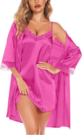 SWOMOG Women's Satin Robe Set 2 Piece Sexy Pajamas Sets Lace Cami Nightgown and Silk Robes Nightwear