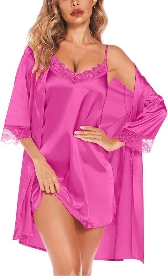 SWOMOG Women's Satin Robe Set 2 Piece Sexy Pajamas Sets Lace Cami Nightgown and Silk Robes Nightwear