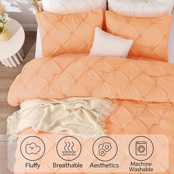 BEDELITE Apricot Queen Comforter Set - 3 Pieces Boho Pintuck Bedding Comforter Sets, Lightweight Soft & Warm Bed Comforter Queen with 2 Pillowcases for All Season