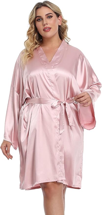 Women's Plus Size Satin Kimono Robes Short Silk Bathrobe Bridesmaid Wedding Party Nightgown Sleepwear