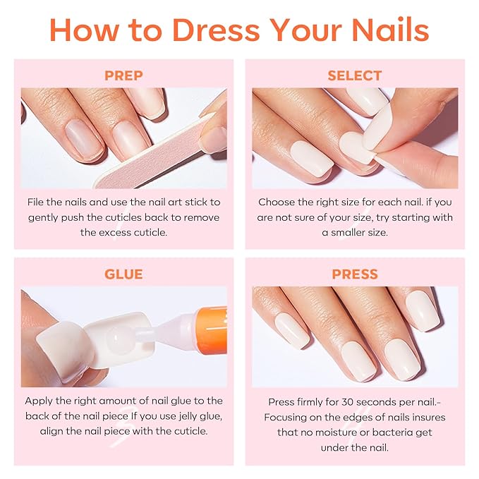 Modelones French Tips Press on Nails, White Short Square Fake Nails, Reusable Nail Kit with Nail Glue Adhesive Tabs Mini Nail File, Spring Nails Press Ons 32Pcs 16 Sizes, Women Girl Gift