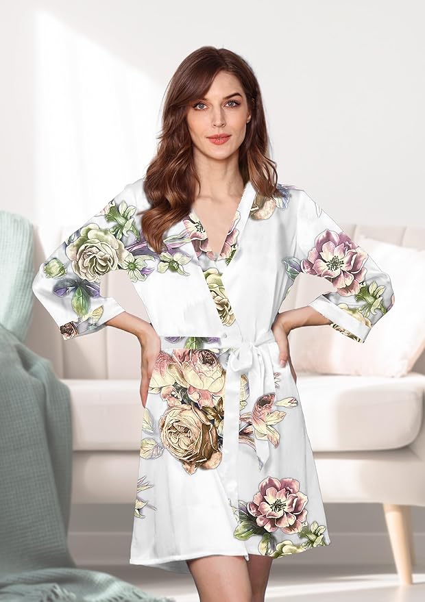 WJing Yi Jia Womens Satin Kimono Robe Silky Robes Floral Bathrobe Bride Bridesmaid Wedding Bridal Dressing Gown Loungewear