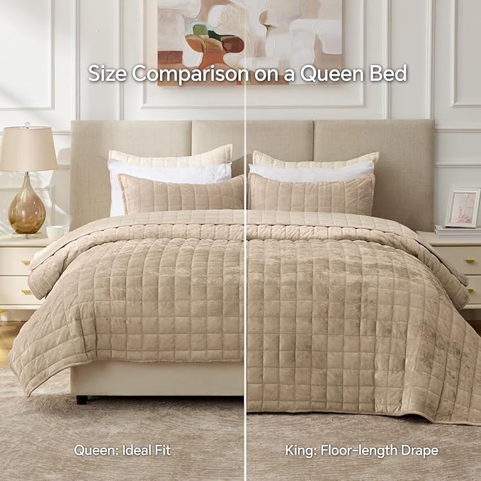BEDELITE Velvet Quilt Set King Size - Luxury Velvet Comforter Bedding Set 3 Pieces, Lightweight Soft Cozy Taupe Oversized Bedspread Coverlet for All Seasons with 2 Pillow Shams
