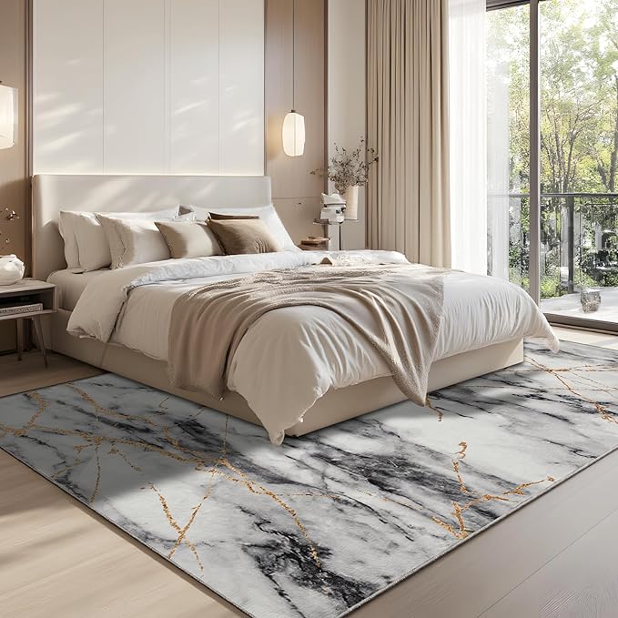 CRYPTOLITE Area Rugs 8x10 Rug for Living Room Abstract Washable Rug with Non-Slip Backing Low Pile Area Rug for Bedroom, Dining Room, Gold&Grey