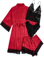 WDIRARA Women' Silk Satin Pajamas Set 4pcs Lingerie Floral Lace Cami Sleepwear with Robe