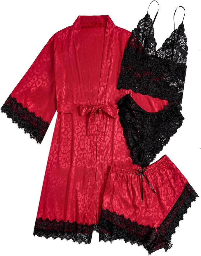 WDIRARA Women' Silk Satin Pajamas Set 4pcs Lingerie Floral Lace Cami Sleepwear with Robe