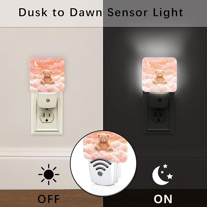 Bear Night Lights Plug Into Wall, Cute Fanciful Moon Clouds Winter Peach Energy Saving Automatic Led Night Lights for Guest Room Basement Office Decor 1pcs
