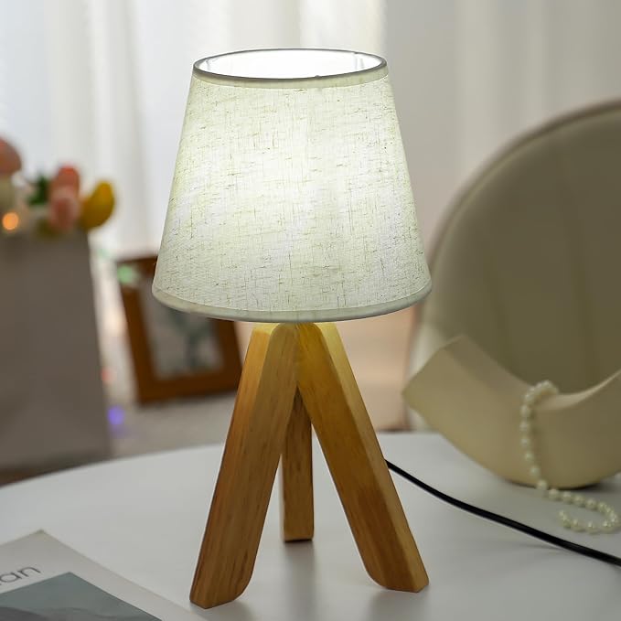 WSYEAR Bedside Table Lamp for Bedroom - 3 Way Dimmable Lamp Small Lamp Wood Base Round Flaxen Fabric Shade for Living Room, Desk, LED Bulb Included