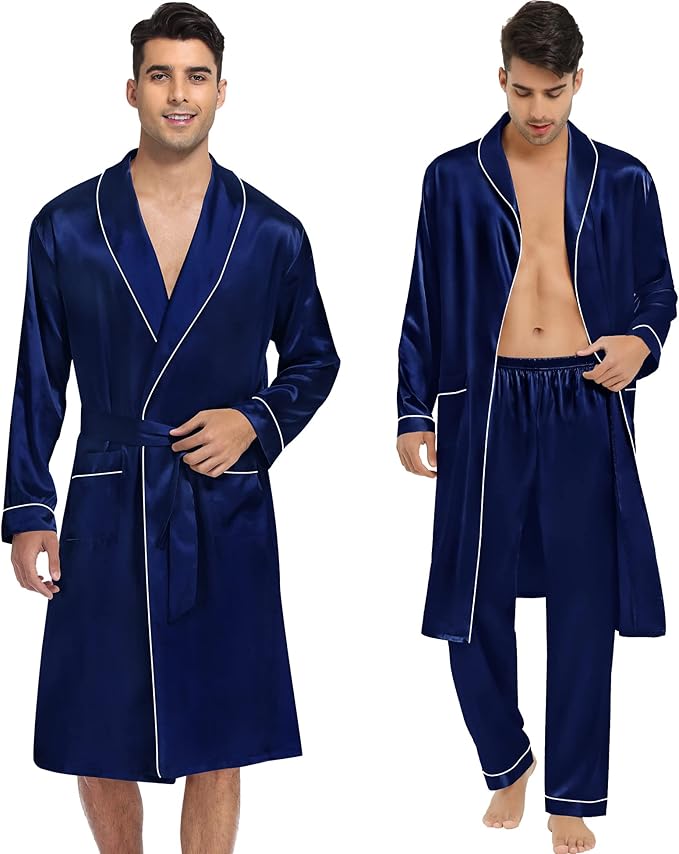 SWOMOG Men's Satin Robe 3 Pcs Silky Kimono Bathrobe Set Lightweight Soft Loungewear Nightwear