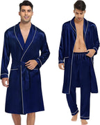 SWOMOG Men's Satin Robe 3 Pcs Silky Kimono Bathrobe Set Lightweight Soft Loungewear Nightwear