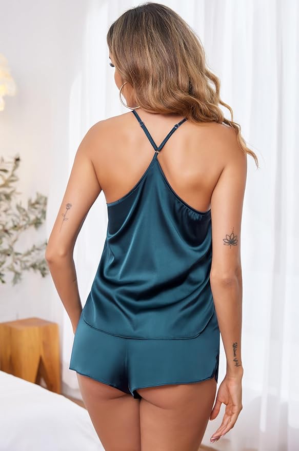 Ekouaer Silk Pajamas Set for Women Satin Lingerie Pjs Cami Top and Shorts Soft 2 Piece Nightwear