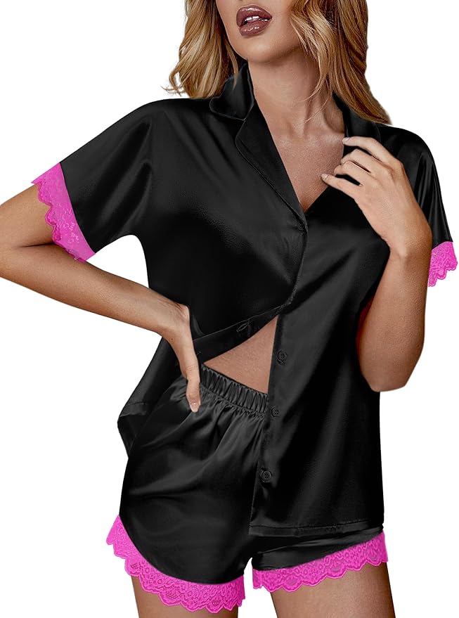 Ekouaer Womens Lace Satin Pajama Set Button Down Pj Shorts Set Bridesmaids Getting Ready Outfits Casual Sleepwear XS-XXL