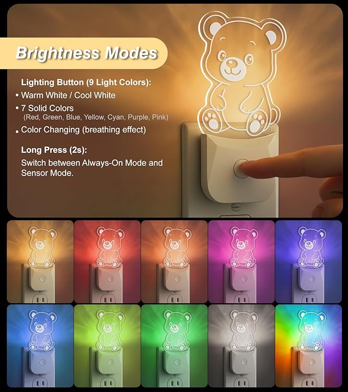 Cute Bear Night Light (2 Pack), Plug-in, RGB LED Night Lamp with Auto Dusk-to-Dawn Sensor, 9 Colors for Kids Room, Nursery, Bathroom, Baby Shower & Birthday Gift Decor