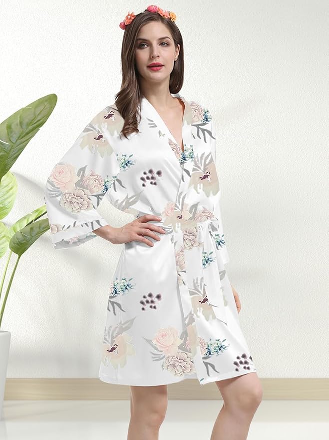 WJing Yi Jia Womens Satin Kimono Robe Silky Robes Floral Bathrobe Bride Bridesmaid Wedding Bridal Dressing Gown Loungewear