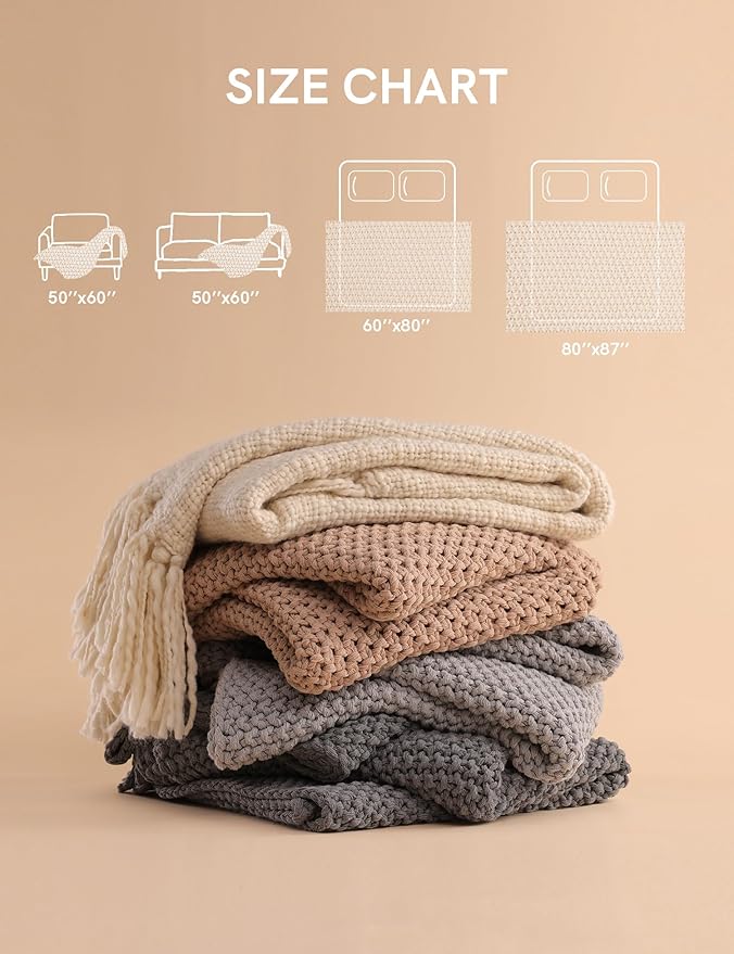 YnM Chunky Cotton Knit Throw Blanket, Cable Knit Throws for Bed Couch Sofa, Comfy & Relaxing, Decorative Piece for Farmhouse Modern Boho Rustic Scandinavian Chic Vibe, Moon Grey 80x87 Inches