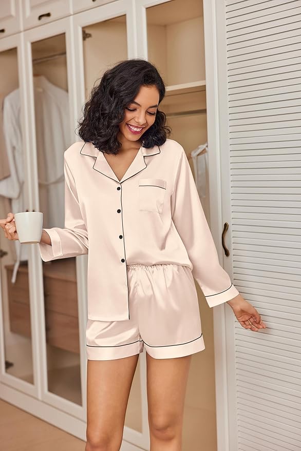 Ekouaer Satin Pajama Set for Women Button Down Pj Set Long Sleeve Top and Shorts 2 Piece Loungewear Summer Soft Sleepwear