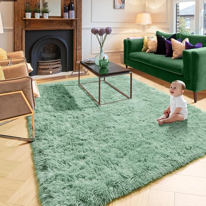 Sage Green Rugs for Bedroom Living Room Aesthetic, Fluffy Furry Area Rug 5x8 for Nursery, Classroom, Teen Boys, Baby Kids Room Decor, Cute Shaggy Carpet for Playroom Dorm, Fuzzy Plush Light Mint Rug