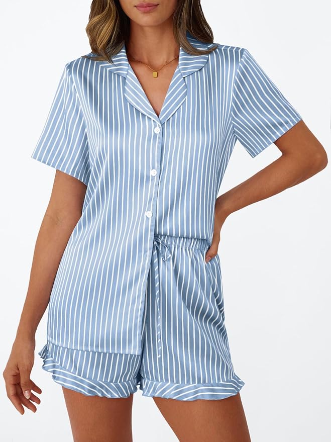 LILLUSORY Womens Satin Silk Pajamas Set 2 Piece Ruffle Pjs Winter Matching Lounge Sleepwear Button Down Striped Shirt Shorts