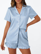 LILLUSORY Womens Satin Silk Pajamas Set 2 Piece Ruffle Pjs Winter Matching Lounge Sleepwear Button Down Striped Shirt Shorts