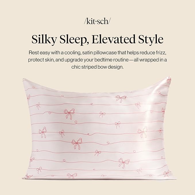 Kitsch Satin Pillowcase with Zipper for Hair & Skin - Softer Than Silk Pillow Cases, Smooth Cooling Satin Pillow Case, Wrinkle-Free Pillow Cases Standard Size (19x26) - Striped Bows