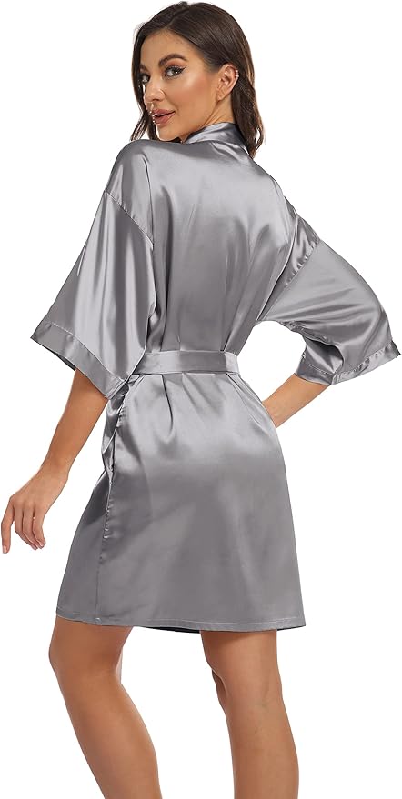Women's Pure Short Kimono Robes Bride Bridesmaids Silky Bathrobe Lightweight Satin Sleepwear