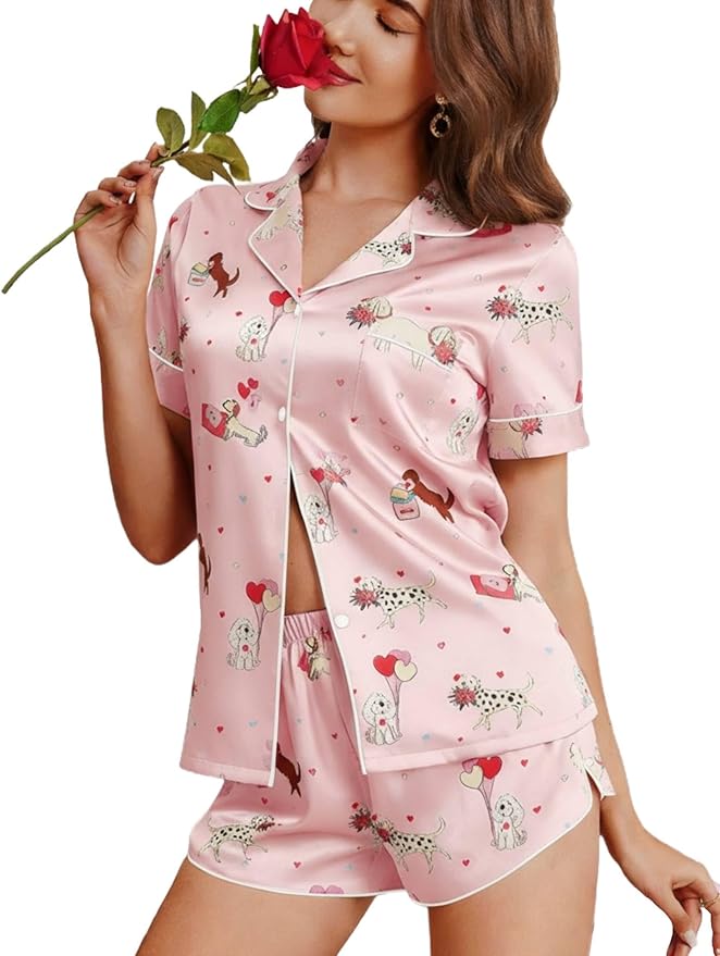 Ekouaer Womens Silk Satin Pajamas Short Sleeve PJS Shorts Set Soft Button Down Sleepwear 2 Piece Loungewear S-5XL