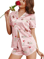 Ekouaer Womens Silk Satin Pajamas Short Sleeve PJS Shorts Set Soft Button Down Sleepwear 2 Piece Loungewear S-5XL