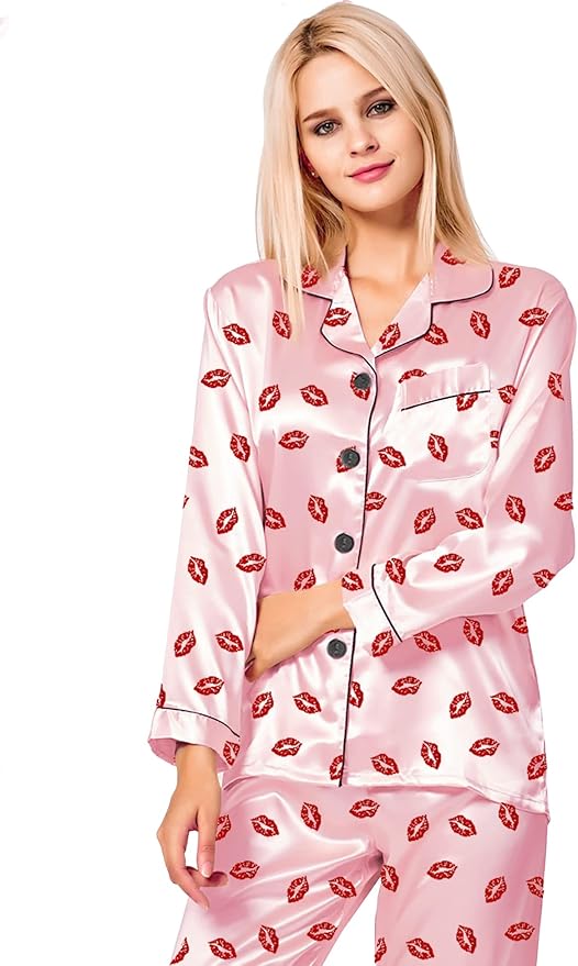 SWOMOG Womens Silk Satin Pajamas Set Long Sleeve Button Down Sleepwear 2 Piece Lounge Set Pj Set XS-3XL