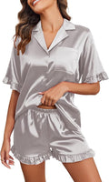 Ekouaer Satin Pajama Set for Women Button Down Silk 2 Piece Pj Sets Ruffle Short Sleeve Sleepwear