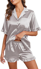 Ekouaer Satin Pajama Set for Women Button Down Silk 2 Piece Pj Sets Ruffle Short Sleeve Sleepwear