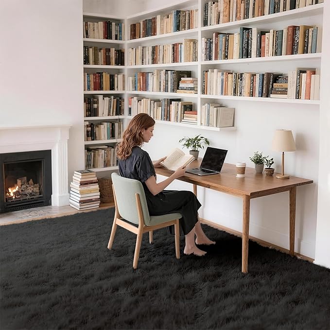Ultra Soft Shag 8x10 Black Area Rug – 8x10 Rugs for Living Room, Non-Slip, Fluffy Plush Large Carpet, Shaggy Furry Rug for Bedroom, Dorm, Kids and Girls Room, Nursery, Home Office Décor