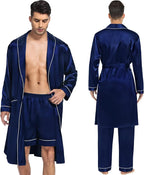 SWOMOG Men's Satin Robe 3 Pcs Silky Kimono Bathrobe Set Lightweight Soft Loungewear Nightwear