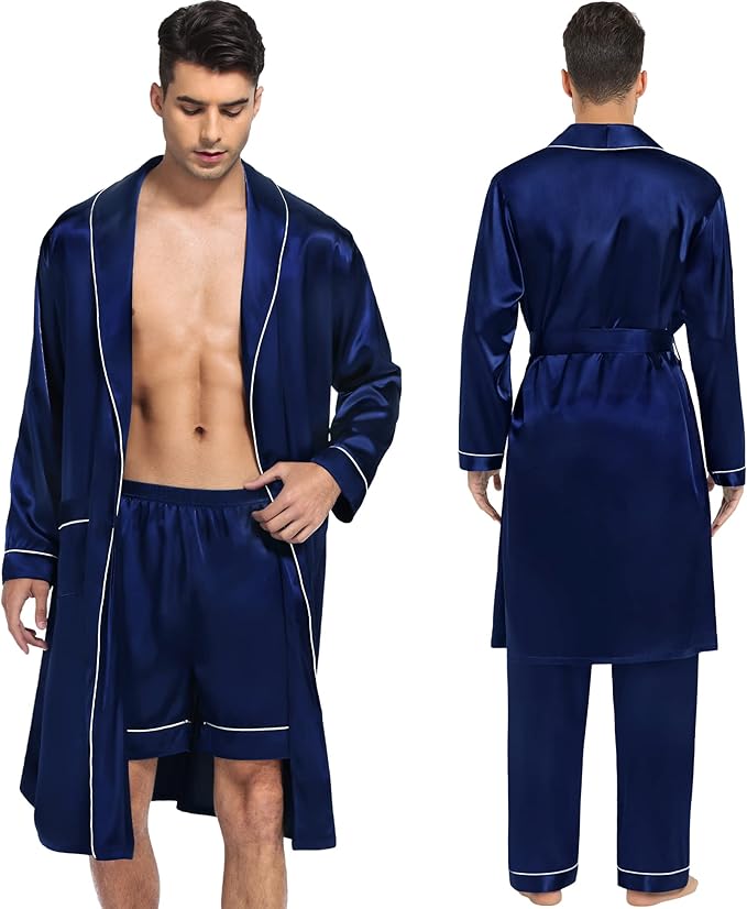 SWOMOG Men's Satin Robe 3 Pcs Silky Kimono Bathrobe Set Lightweight Soft Loungewear Nightwear