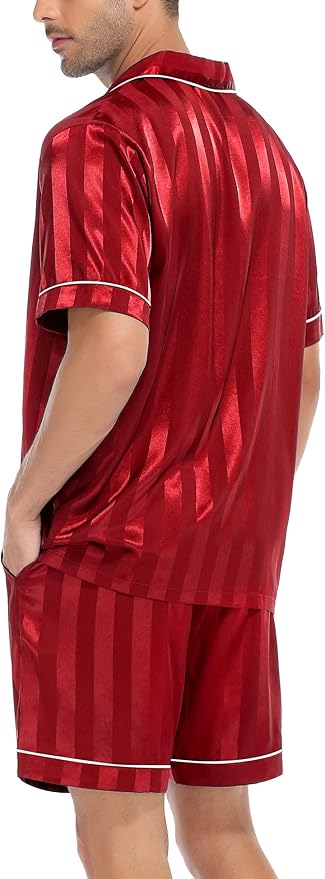 SWOMOG Satin Matching Pajamas Sets Couple Silk Button Down Nightwear Women & Men Short Sleeve Sleepwear 2 Pieces Loungewear