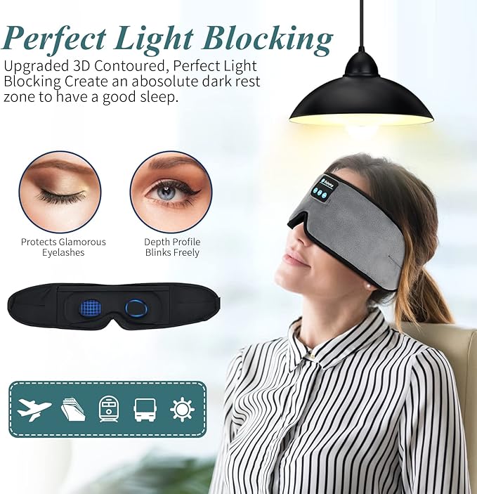 Sleep Headphones, Update Wireless 3D Eye Mask with Ultra-Thin HD Stereo Speakers for Side Sleepers, Air Travel, Meditation and Relaxation Grey