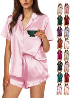 WJing Yi Jia Ruffle Pajama Sets For Women XS-4XL Womens Silk Satin Pajamas Set Silky Sleepwear Pj Sets Nightwear Loungewear