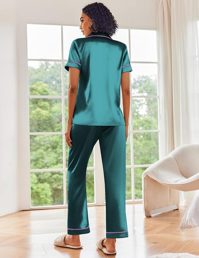 Ekouaer Silk Satin Pajamas Set Women Short Sleeve Sleepwear Soft Button Down Loungewear Pjs Set