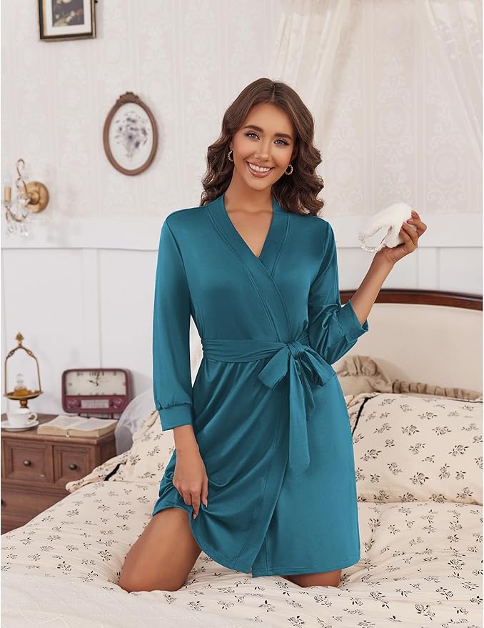 Ekouaer Women‘s Robes Lightweight 3/4 Sleeve Short Knit Bathrobe Soft Knee Length Sleepwear Robes with Pockets S-XXL
