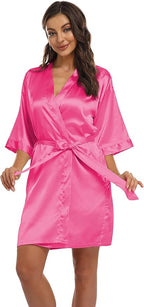 Women's Pure Short Kimono Robes Bride Bridesmaids Silky Bathrobe Lightweight Satin Sleepwear