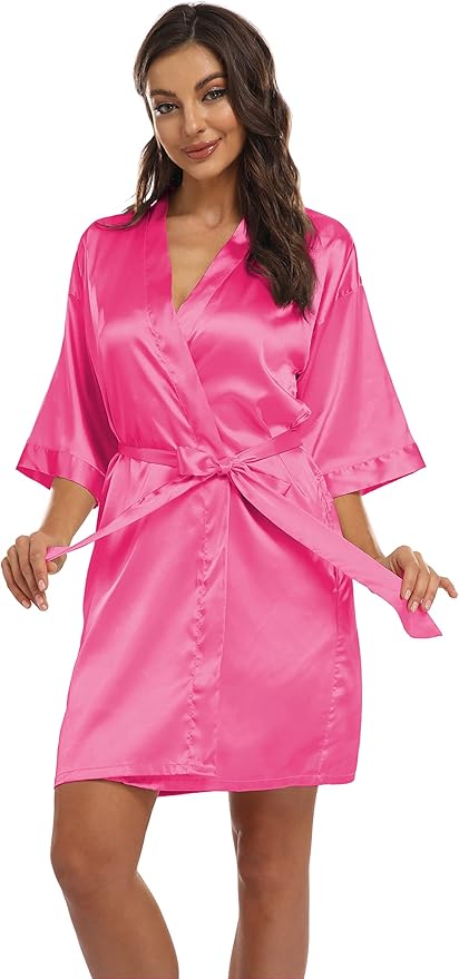 Women's Pure Short Kimono Robes Bride Bridesmaids Silky Bathrobe Lightweight Satin Sleepwear