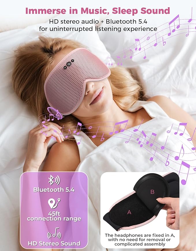 Sleep Mask with Bluetooth Headphones, Removable 3D Contoured Cup, Wireless Eye Mask for Sleep, Sleeping Headphones with Thin Stereo Speakers for Men, Women, Travel, Relaxation - Pink