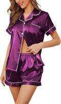 Women's Silk Pajama Set Short Sleeve Sleepwear Satin Button Down Pj Tops and Shorts 2 Piece Loungewear