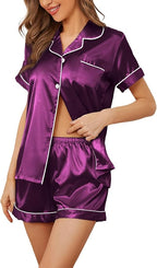 Women's Silk Pajama Set Short Sleeve Sleepwear Satin Button Down Pj Tops and Shorts 2 Piece Loungewear