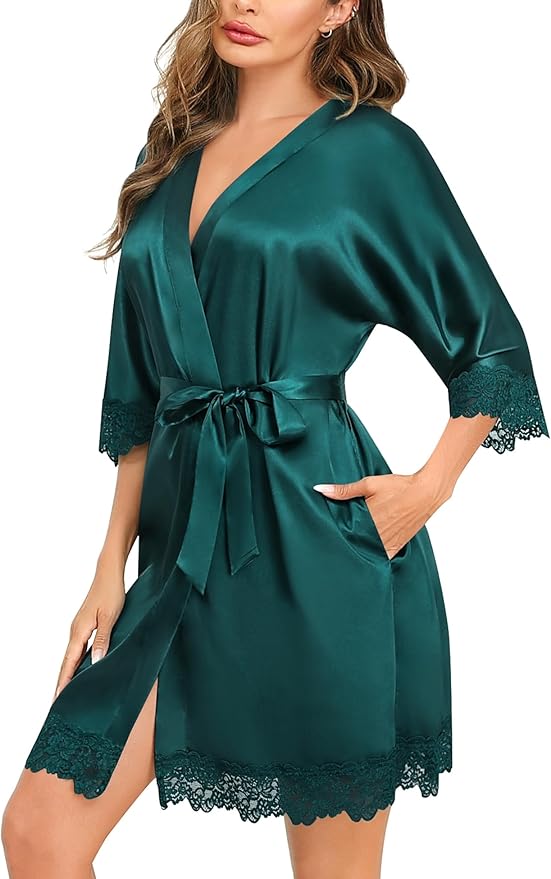 SWOMOG Women's Satin Robe Set 2 Piece Sexy Pajamas Sets Lace Cami Nightgown and Silk Robes Nightwear