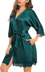SWOMOG Women's Satin Robe Set 2 Piece Sexy Pajamas Sets Lace Cami Nightgown and Silk Robes Nightwear