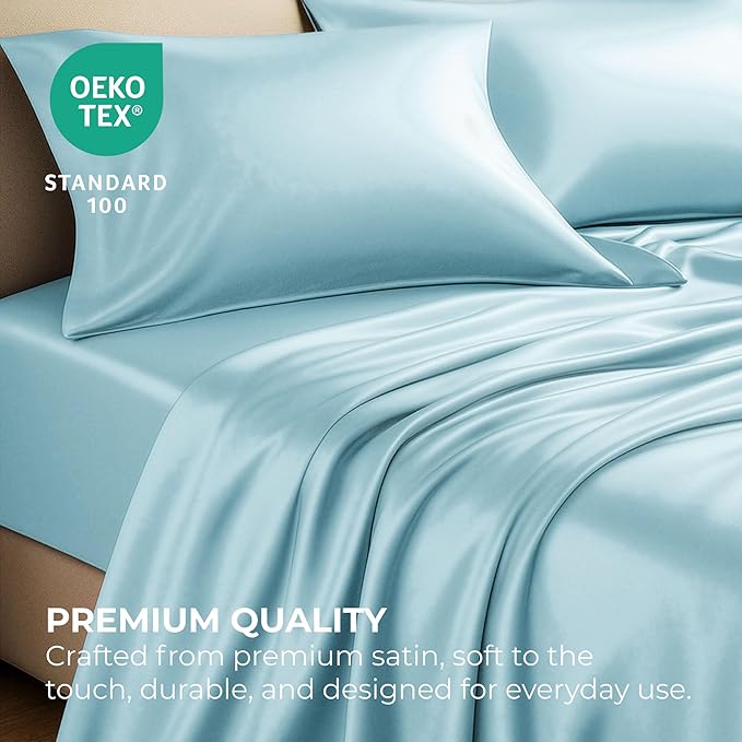 Satin Sheets Queen [4-Piece, Skyblue] Hotel Luxury Silky Bed Sheets - Extra Soft 1800 Microfiber Sheet Set, Wrinkle, Fade, Stain Resistant - Deep Pocket Fitted Sheet, Flat Sheet, Pillow Cases