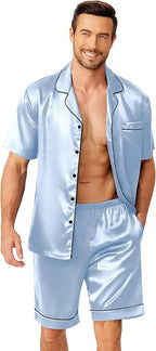 Ekouaer Mens Pajamas Set Silk Satin Sleepwear Short Sleeve Button Down Pjs Set 2 Piece Loungewear with Pockets S-XXL